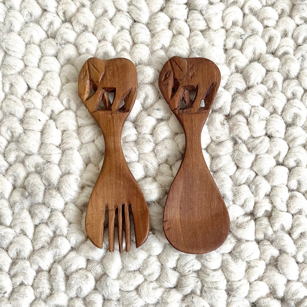 Handcrafted Rustic Elephant Design Spoon & Fork Set, 5” from Thailand